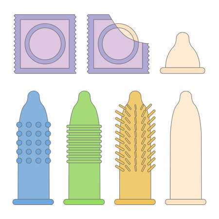 Condom set. Vector illustration of different types of condoms both in a package and open.のイラスト素材