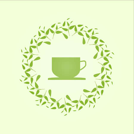 Tea concept. Vector illustration with a circle of leaves and cup silhouette.のイラスト素材