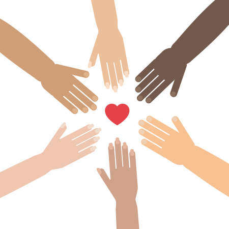 Volunteer concept with hands of different skin tones forming a circle around heart shape. Stock vector illustration for charity, humanity, race issues, teamwork, international friendship.のイラスト素材