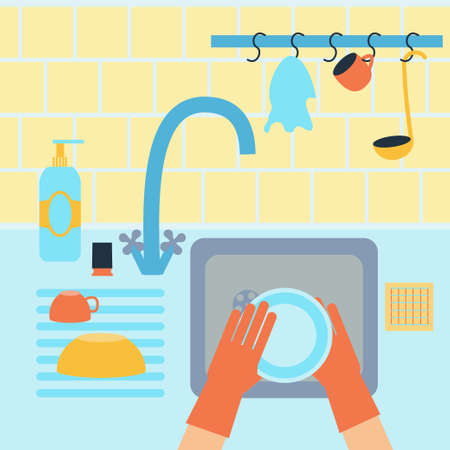 Dish washing chores. Vector stock illustration of hands cleaning plate in a sink with usual kitchenware around in flat style.のイラスト素材