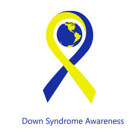 International day of down syndrome awareness vector illustration with blue and yellow ribbon traditional symbol and earth globe in similar colors. Perfect for badges, banners, ads, flyers.のイラスト素材