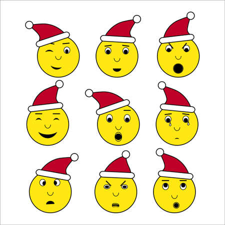 Emoticon in Santa's cap set. Yellow faces with different emotions for app, site, social media with new year theme. Vector illustration of smile, surprise, anger, boredom and othersのイラスト素材