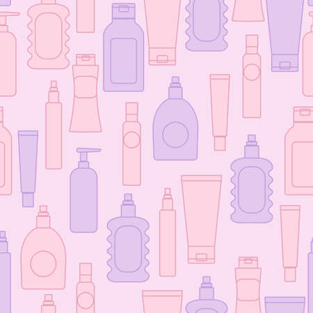 Cosmetic bottles seamless pattern. Vector stock illustration of bodycare packaging in mild pink and...