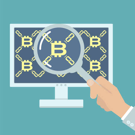 Hand with magnifier analyzing bitcoin. Vector illustration on computer blockchain technology, digital currency, distributed database in flat style.のイラスト素材