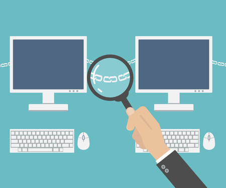 Hand with magnifier analyzing chain between computers. Vector illustration on computer blockchain technology, digital currency, distributed database in flat style.のイラスト素材