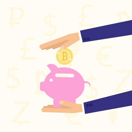Hands holding piggy bank with bitcoin. Vector illustration for virtual money, digital finance and currency. Flat styleのイラスト素材