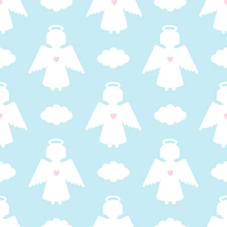 Christmas seamless pattern with white clouds and angels with pink hearts on blue background. Stock vector illustrationのイラスト素材