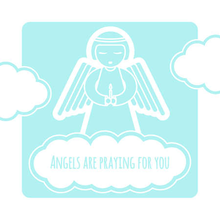 Greeting card template with angel holding a candle. Stock vector illustration in white and blue colors.のイラスト素材