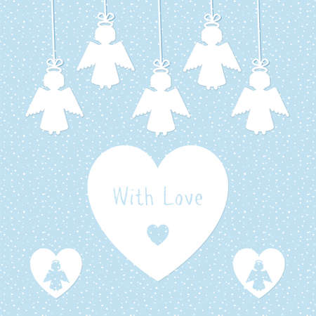 Greeting card template with silhouettes of angel and heart. Stock vector illustration in white and blue colors.のイラスト素材