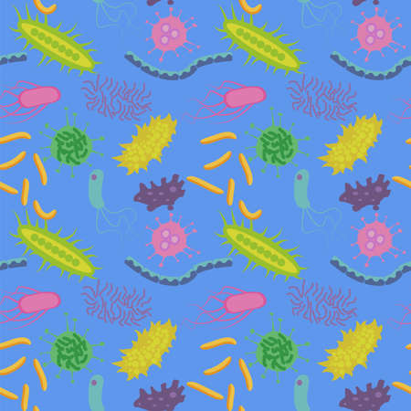 Bacteria of different kinds seamless pattern. Stock vector illustration with small microorganism, microbe, plankton animal.のイラスト素材