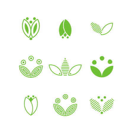 Green flower and leaves logo set. Simple ecology symbols isolated on white background. Stock vector illustrationのイラスト素材