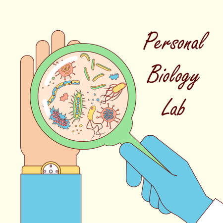 Hand germs under magnifier glass concept. Stock vector illustration for hand hygiene, public health, disease risk, dirty infected fingers and palm with microscopic viruses and bacteria. Cartoon styleのイラスト素材