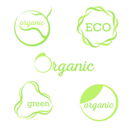Ecology icon set. Organic green signs isolated on white background. Stock vector illustration of eco logoのイラスト素材