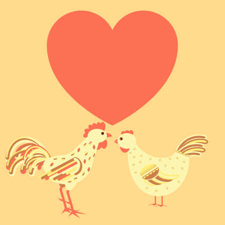 Chicken family card template with both rooster and hen in love and heart shape free for text. Stock vector illustration for greeting card design, banner on love, saint valentine theme.のイラスト素材