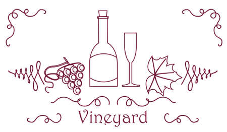 Wine card template with a bottle and a glass, grapes both berry and leaf. Stock vector illustration on vineyard and vine products for banner, invitation, card, certificate, menu.のイラスト素材