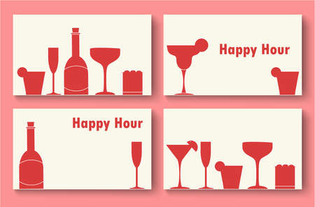 Happy hour business card template set with red bottle silhouette and different glass icons in minimal style. Stock vector illustration for cocktail party, restaurant, pub, cafe, bar promo ads.のイラスト素材