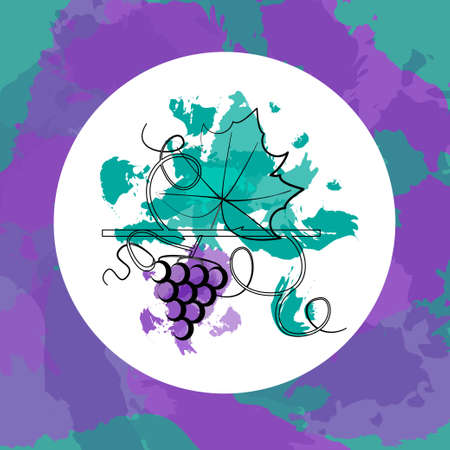 Colorful grape concept with both berry and leaf silhouettes on paint spots background. Stock vector illustration on vineyard and vine products for banner, invitation, card, certificate, menu.のイラスト素材
