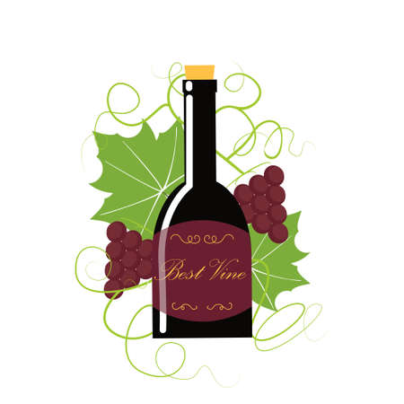 Colorful wine concept with a bottle and grapes both berry and leaf. Stock vector illustration on vineyard and vine products for banner, invitation, card, certificate, menu.のイラスト素材