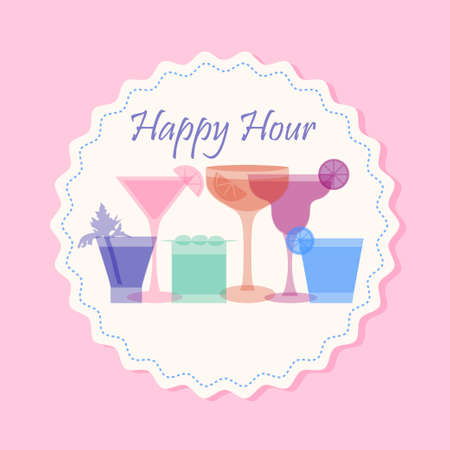 Happy hour flyer template with cocktail silhouettes of bright colors. Stock vector illustration in vintage retro style.のイラスト素材
