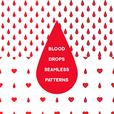 Blood drops on white background simple seamless pattern set. Stock vector illustration of blood transfusion and donation. Medicine and biology collection.のイラスト素材
