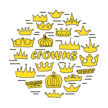 Hand drawn golden crowns set on white background. Stock vector illustration of royal symbol in a circle in cartoon style.のイラスト素材