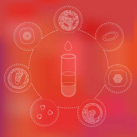 Blood count test infographic elements in white line on red mesh background. Stock vector illustration of human cell types around vial representing hematology analysis. Medicine and biology collectionのイラスト素材