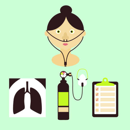 Lung disease concept with a patient and icons of x-ray, oxygen balloon with a mask, diagnostic...