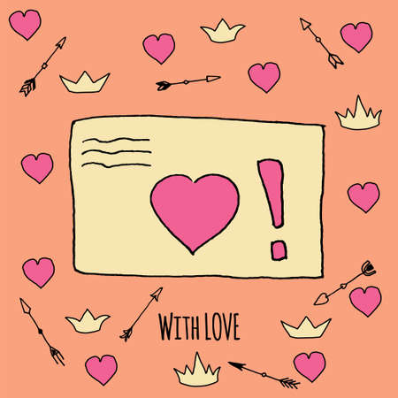 Romance template card with hand drawn elements heart, crowns, arrows, envelope. Stock vector illustration with love symbols for valentine day, wedding invitation in girlish style.のイラスト素材