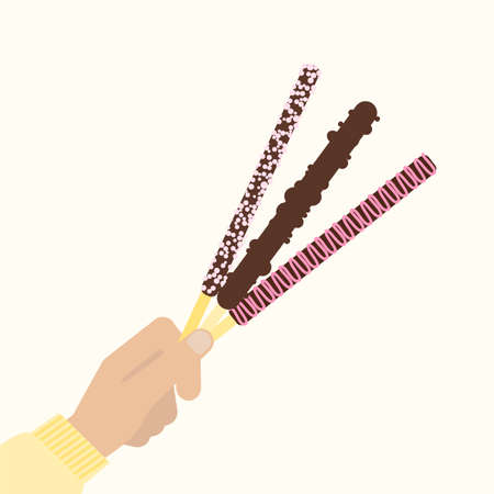 Pocky pepero stick. Stock vector illustration of a hand holding popular asian sweet snack biscuit of different tasteのイラスト素材