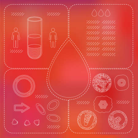 Blood count test infographic elements in white line on red mesh background. Stock vector illustration of human cell types, vial , drop representing hematology analysis. Medicine and biology collectionのイラスト素材