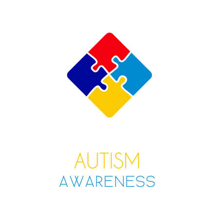 Autism awareness concept with puzzle elements of blue, red, yellow colors. Stock vector illustration, logo, emblem design. .のイラスト素材