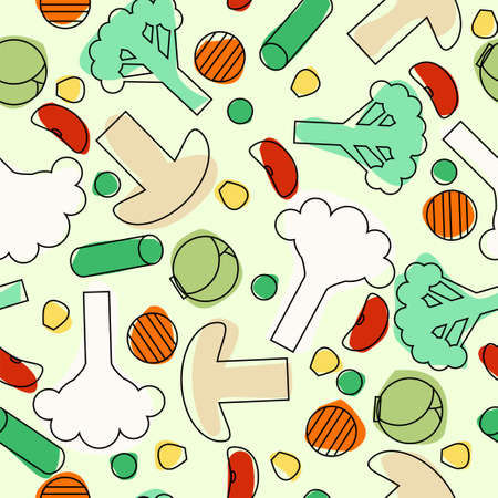 Sliced frozen colorful vegetables seamless pattern on white background. Stock vector illustration of veggies, food for healthy lifestyle.のイラスト素材