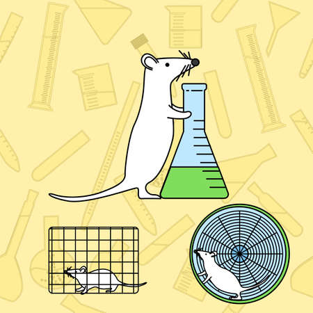 Mouse with a flask in lab experiments. Stock vector illustration of usual procedures using mice in medical biological research. Medicine and biology collection.のイラスト素材
