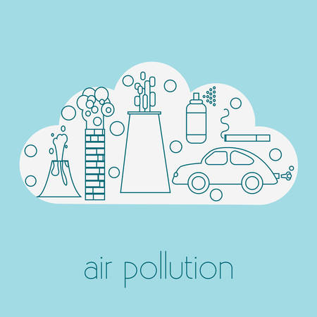 Air pollution concept. Stock vector illustration of a cloud and different sources of atmosphere emissions.のイラスト素材