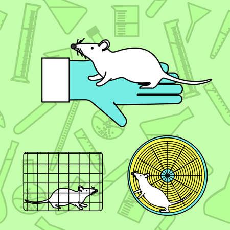Mouse in lab experiments. Stock vector illustration of usual procedures using mice in medical biological research. Medicine and biology collection.のイラスト素材