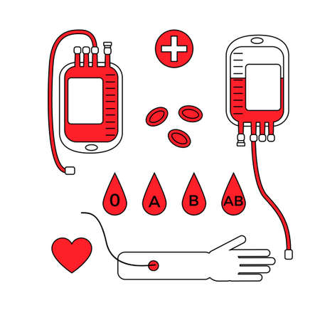 Blood donation concept with bag and drops and hand in red and white colors. Stock vector illustration for charity and volunteering in medicine.のイラスト素材