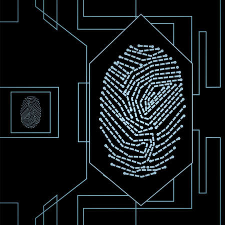 Fingerprint for biometric identification on high-tech background . Stock vector concept for forensic science as well as computer authentication.のイラスト素材