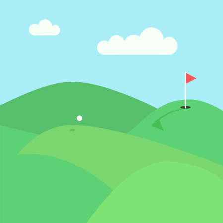 Golf lawn view. Stock vector illustration of green hills and meadows with a flying white ball and red flag in a hole.のイラスト素材