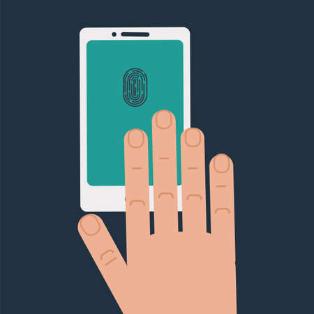 Hand touching phone screen for biometric identification as well as haptic feedback concept. Stock vector vector illustration for computer authentication by fingerprint scan and kinesthetic simulationのイラスト素材