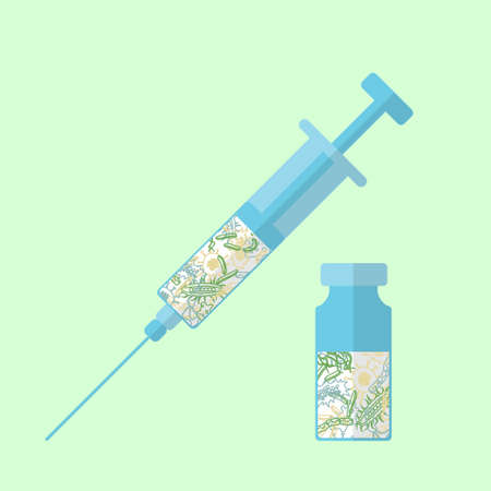 Bacteria and virus in vaccination concept. Stock vector illustration of syringe and tube with vaccine - silhouettes of microorganism.のイラスト素材