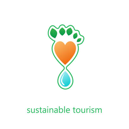 Sustainable tourism concept. Stock vector illustration of footprint formed by water drop and heart shape and green leaves.のイラスト素材