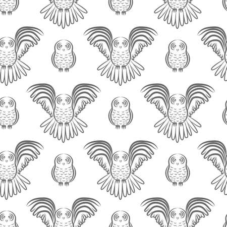 Seamless pattern with both flying and sitting owl in geometric order. Stock vector illustration of a bird for textile, fabric, wallpaper.のイラスト素材
