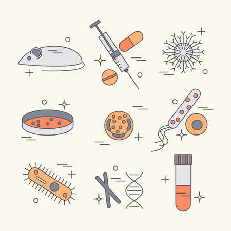 Colorful icons set. Stock vector illustration of DNA, petri dish, virus, bacteria, mouse, blood vacationer, syringe, antibody and human cell.のイラスト素材