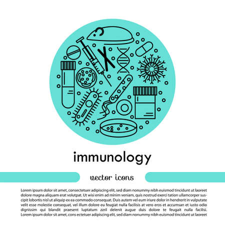 Immunology research icons forming a circle. Stock vector illustration of DNA, petri dish, virus, bacteria, mouse, blood vacutainer, syringe, antibody and human cell.のイラスト素材