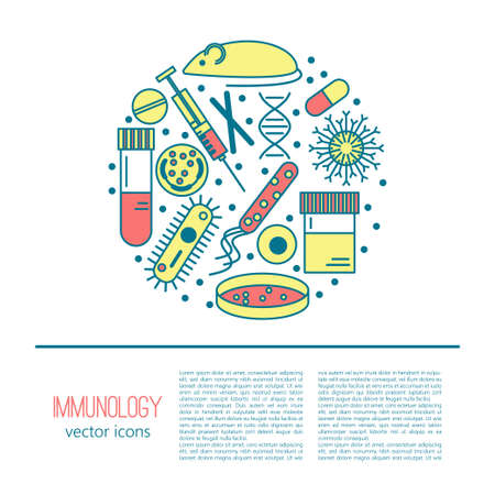 Immunology research icons forming a circle. Stock vector illustration of DNA, petri dish, virus, bacteria, mouse, blood vacutainer, syringe, antibody and human cell.のイラスト素材