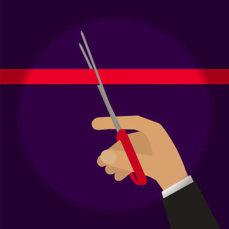 Hand cutting red ribbon with scissors in spot light. Stock vector illustration for ceremony, event opening, presentation in flat style.のイラスト素材