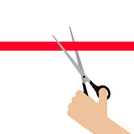 Hand cutting red ribbon with scissors isolated on white background. Stock vector illustration for ceremony, event opening, presentation in flat style.のイラスト素材