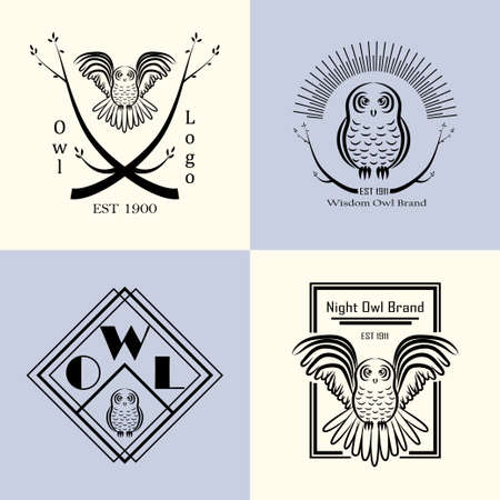 Logo collection with owl. Stock vector illustration of badges and banners with a bird for identity.のイラスト素材