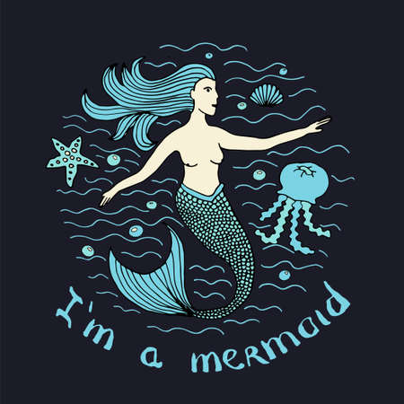 Mermaid hand drawn Stock vector illustration of marine mythological womanのイラスト素材