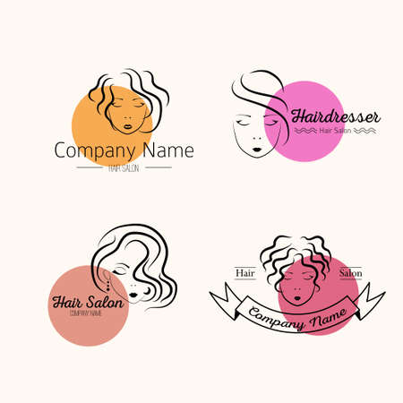Hair salon with faceVector illustration of woman silhouette in minimalistic sketch style with colorful circles.のイラスト素材